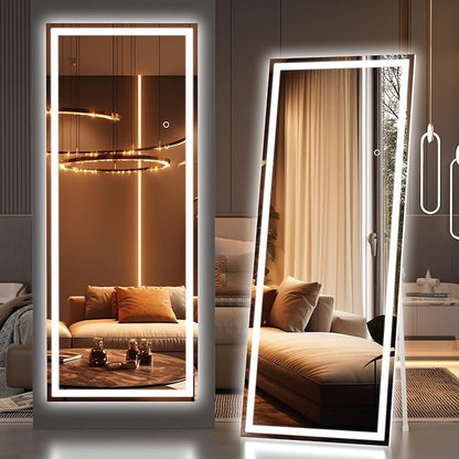Hasipu Full Length Mirror with Lights, 67" x 22" LED Lighted Floor Standing, Full Body Dressing Hanging Mounted Mirror, Tempered Glass, Square White