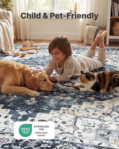 AMADA HOMEFURNISHING 9x12 Washable Area Rug, Low-Profile Large Area Rug with Non-Slip Backing & Durable Edge Binding, Vintage Large Rugs for Living Room, Bedroom & Dinning Room