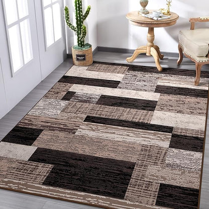 FlyDOIT Modern Geometric Patchwork Area Rug, 7x10 Chocolate Large Rugs for Living Room, Rockwood Collection Indoor Rugs for Bedroom, Throw Carpet Floor Decor for Entryway Dining Room Office Nursery