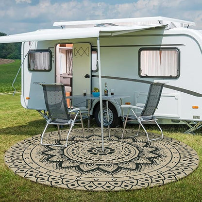 Easy Jute Outdoor Round Rug, 8ft Washable Indoor Outdoor Patio Rug, Black Non Slip Round Area Rug Farmhouse, Boho Carpet for Backyard Patio