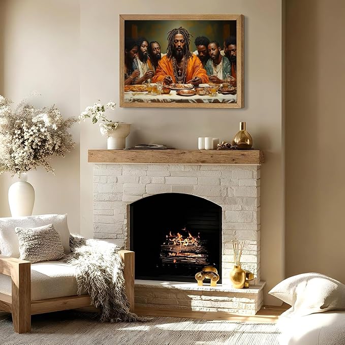 Framed Modern Black Jesus Canvas Wall Art African American The Last Supper Painting Picture Wall Decor Black Man Christian Poster Print Artwork for Kitchen Dining Living Room Bedroom Home Decor24x36in