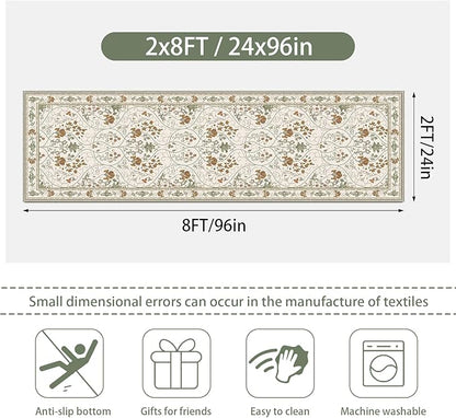 Floral 2x8 Runner Rug with Non Slip Low Pile Washable Entryway Rug,Soft Vintage Runner for Hallway Kitchen Living Room Bedroom Bathroom,Beige White