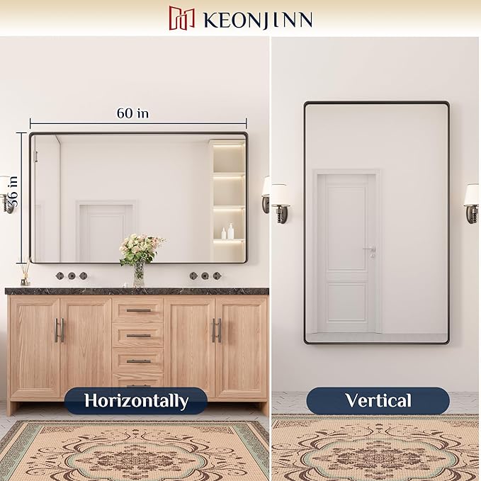 Keonjinn Black Bathroom Mirrors for Over Sink, 60 x 36 Inch Large Matte Black Mirror for Vanity, Rounded Rectangle Sandblasted Finish Farmhouse Mirror, HD Tempered Glass Modern Decorative Mirror