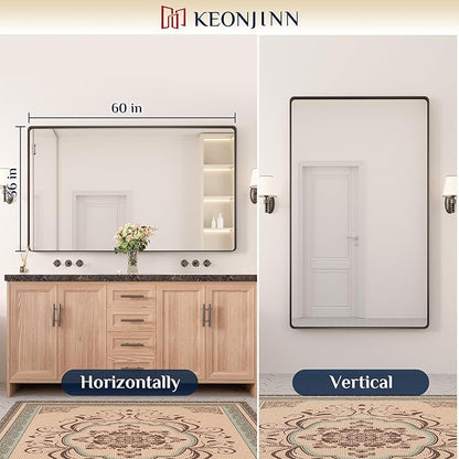 Keonjinn Black Bathroom Mirrors for Over Sink, 60 x 36 Inch Large Matte Black Mirror for Vanity, Rounded Rectangle Sandblasted Finish Farmhouse Mirror, HD Tempered Glass Modern Decorative Mirror