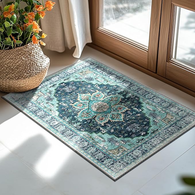 BESTSWEETIE 2x3 Area Rug Washable Rugs for Living Room, No Pile Boho Carpet for Entryway Bedroom Dinning Room, Vintage Carpet Print Distressed Non-Slip, 2 x 3 ft, Teal Dark Green