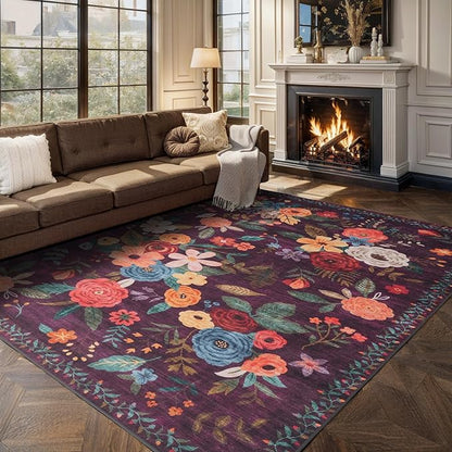 Washable Area Rug 8x10, Large Soft Floral Purple Carpet for Living Room Bedroom Dining Room Non-Slip Stain Resistant Under Table Rug