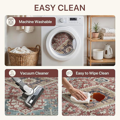 GENIMO 8X10 Washable Vintage Area Rugs for Living Room, Non-Slip Low Pile Chenille Print Rug, Soft Rugs for Bedroom Dining Room Home Office, Indigo & Flush