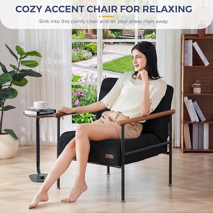 MAXYOYO Living Room Accent Chair, Modern Chair with Sturdy Metal Frame & Wood Armrests, Upholstered Reading Chair with Upholstered Cushion for Bedroom Balcony Porch, Black
