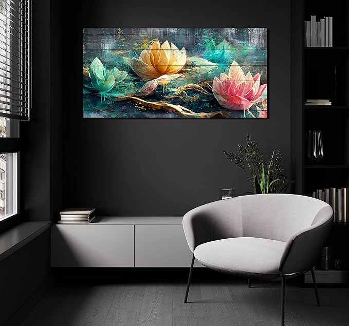 Lotus Flower Wall Art for Living Room, Floral Canvas Picture Print for Bedroom, Vintage Artwork Decor for Home, Stretched and Framed Ready to Hang, Size 48x24 Inches