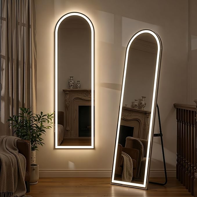 Arched Full Length Mirror with LED Lights, 60"x16" LED Floor Mirror with Stand, Body Floor Mirrors with Dimming & 3 Color Lighting, Wall Mounted LED Mirrors for Bedroom, Dressing Room, Cloakroom