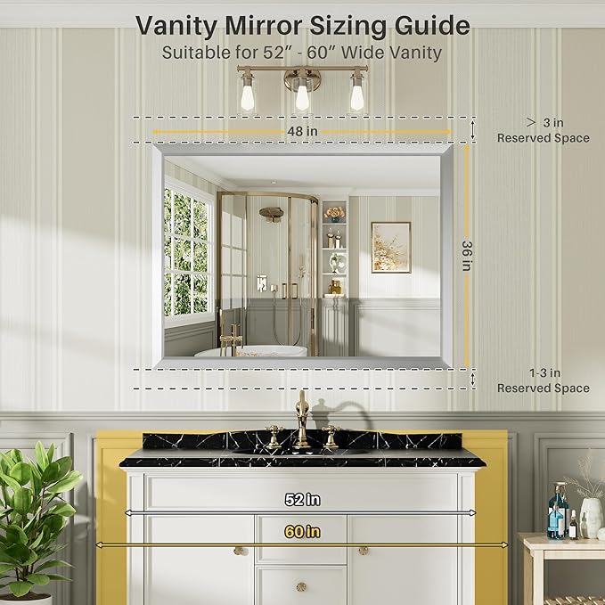 48x36 Inch Brushed Silver Bathroom Mirror for Wall, Thick Metal Framed Rectangle Mirrors for Over Sink, Bedroom, Living Room, Entryway, Anti-Rust, HD Tempered Glass
