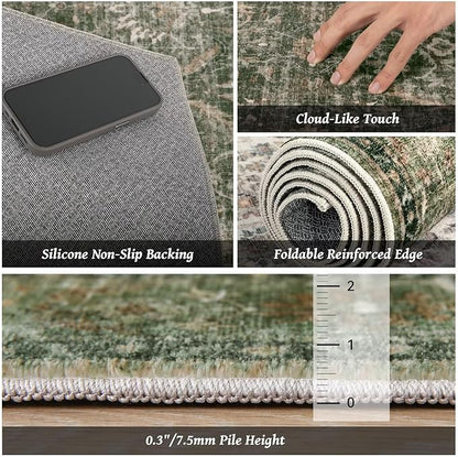 Washable 10x14 Area Rugs for Living Room, Boho Non-Slip Vintage Distress Large Rugs for Bedroom Dining Room Office, 0.3" Neutral Oriental Throw Thin Carpet, Grass Green/Multi, D1