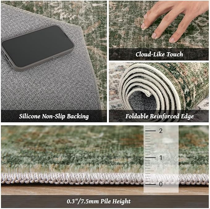 Washable 4x6 Rugs for Living Room, Boho Non-Slip Vintage Distress Small Rugs for Bedroom Nursery Office, 0.3" Neutral Oriental Throw Thin Carpet with Cushioning Pad, Grass Green/Multi, D1