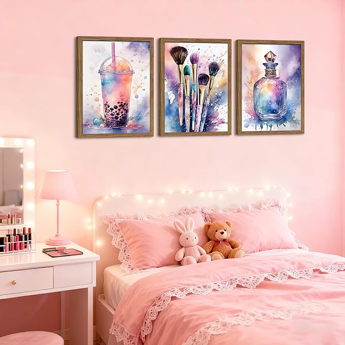 Framed Teen Girls Bedroom Wall Art Set of 3, Pink and Purple Splash Canvas Prints, Makeup Enthusiast Pictures Posters, Drinks Cosmetic Wall Decor for Teenage Girl Room Decor – 16x24 inch