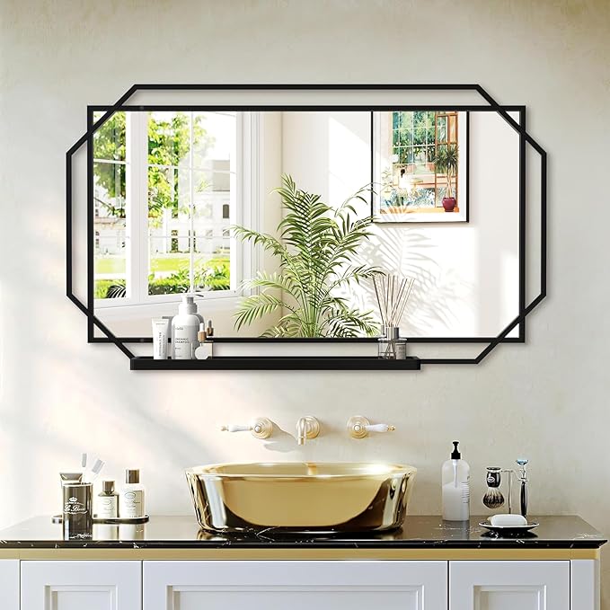 Black Bathroom Mirror with Shelf, 36" x 21" Mirror Wall Decor with Modern Art Rectangular Metal Frame for Living Room, Bedroom, Dining Room, Entryway