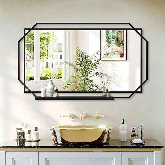 Black Bathroom Mirror with Shelf, 36" x 21" Mirror Wall Decor with Modern Art Rectangular Metal Frame for Living Room, Bedroom, Dining Room, Entryway