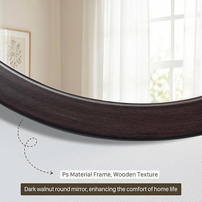 CULER Round Mirror 36 Inch,Wood Rustic Bathroom Tempered Wall Mirror with Wood Frame,Farmhouse Wooden Vanity Circle Mirror for Living Room,Entryway or Bedroom（Dark Walnut Brown）