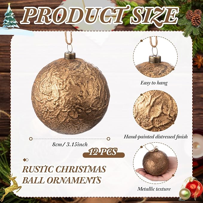 Suncalla 12 Pcs Farmhouse Christmas Ball Ornaments 3.15'' Vintage Antique Gold Christmas Tree Decor Rustic Distressed Neutral Ornaments with Loop Shatterproof Hanging Ball for Farmhouse Xmas Decor