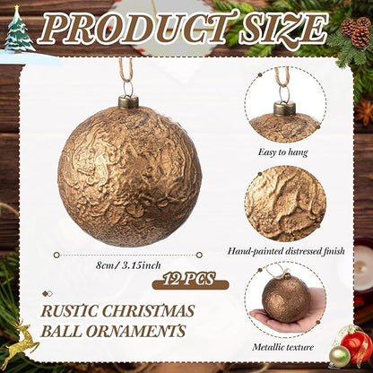 Suncalla 12 Pcs Farmhouse Christmas Ball Ornaments 3.15'' Vintage Antique Gold Christmas Tree Decor Rustic Distressed Neutral Ornaments with Loop Shatterproof Hanging Ball for Farmhouse Xmas Decor