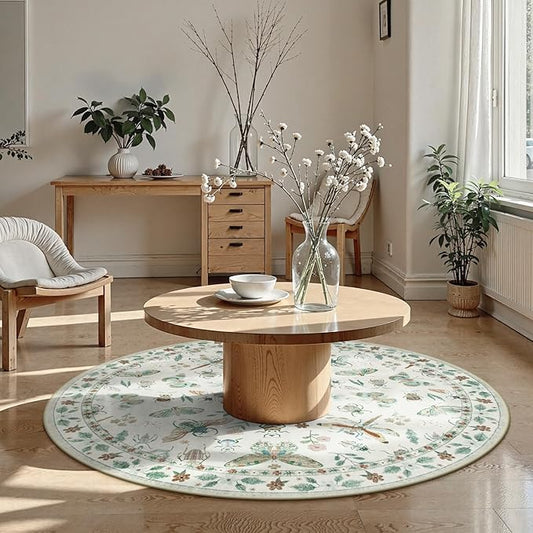 Lahome Insect Washable Round Rugs, Non-Slip Soft Round Rug 4ft Ultra-Thin, Small Boho Circle Carpet for Entryway Kitchen Bedroom Nursery Bathroom Vionnet, Beige
