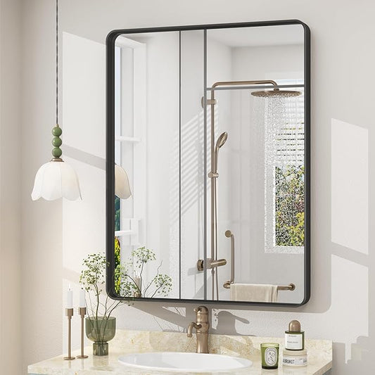 CHAMROR 24x32 Inch Black Metal Framed Bathrrom Mirror for Wall, Black Rounded Rectangle Mirror, Matte Black Bathroom Vanity Mirror, Anti-Rust, Tempered Glass, Hangs Horizontally or Vertically