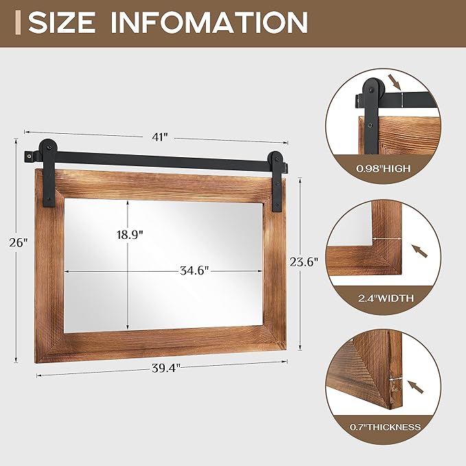 COGOOD Farmhouse Barn Door Mirror - 41" x 26" Rustic Wood Framed Wall Mirror for Bathroom, Living Room, Bedroom Wall Decor (Brown)