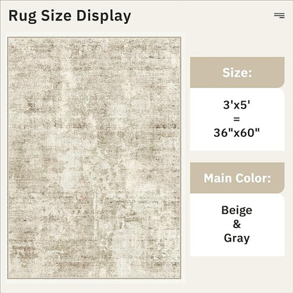 Soalmost 3x5 Rug, Small Area Rug for Kitchen, Entryway, Machine Washable Non-Slip Throw Rug, Vintage Carpet for Nursery Coffee Table Beige/Gray