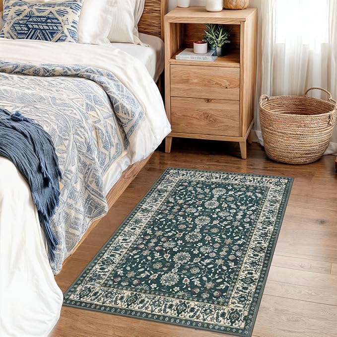 KUTA Vintage 2x3 Rugs for Entryway, Non-Slip Washable Kitchen Rugs & Indoor Door Mat with Floral Print, Green Beige Ultra Thin Soft Low-Pile Throw Rug for Front Door, Bedside, Small Spaces