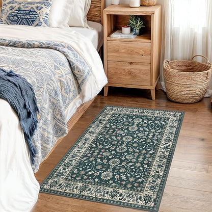 KUTA Vintage 2x3 Rugs for Entryway, Non-Slip Washable Kitchen Rugs & Indoor Door Mat with Floral Print, Green Beige Ultra Thin Soft Low-Pile Throw Rug for Front Door, Bedside, Small Spaces