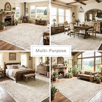 Srugn Washable Rugs 8x10 Area Rugs for Living Room,Bedroom,Dining Room- Large Ultra Soft Faux Wool Retro Carpet,Non Slip&Non-Shedding Low Pile Morocco Rug for Home Office Dorm Decor(Camel-Blue-Orange)