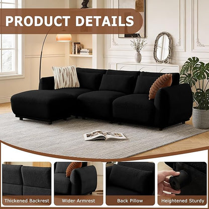 L Shaped Modular Sectional Couch with Removable Ottoman, Convertible Cloud Sofa for Living Room,Comfort Small Couch for Small Spaces(3 Set + 1 Ottomans - Black)