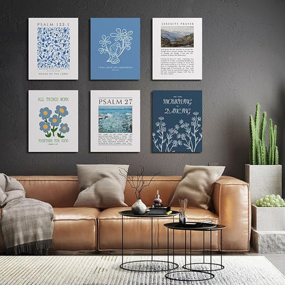 Habseligkeit Blue Flower Wall Art Prints, Retro Wall Decors for Room Aesthtic, Abstract Posters for Girls Bedroom Decor Aesthetic Unframed, 8X10in, Set of 6
