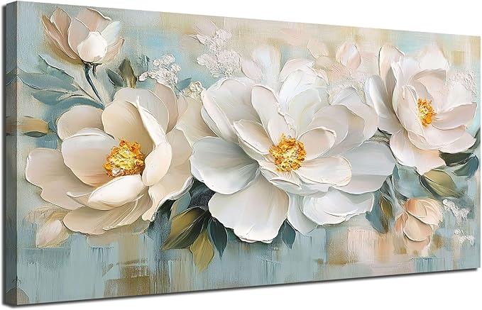 Enartly White Flowers Canvas Wall Art, Natural Plant Painting Textured Artwork for Living Room Bedroom Hallway Kitchen Dining Room Home Office Wall Decor, 40"x20"