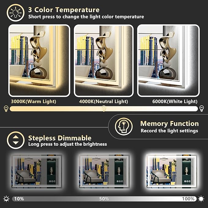 20x28 LED Bathroom Mirror with Lights, Backlit and Front Lit Anti-Fog Lighted Vanity Mirrors for Bathroom Wall, Dimmable, 3-Color Light, Memory, Shatter-Proof, HD Tempered Glass, CRI＞90