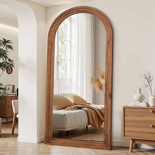 Antok Full Length Mirror with Solid Wood Frame, 81"×41" Wall Mounted Oversized Floor Mirror with Stand, Leaning Standing Hanging for Bedroom Living Room Entryway, Brown, Arched Syle