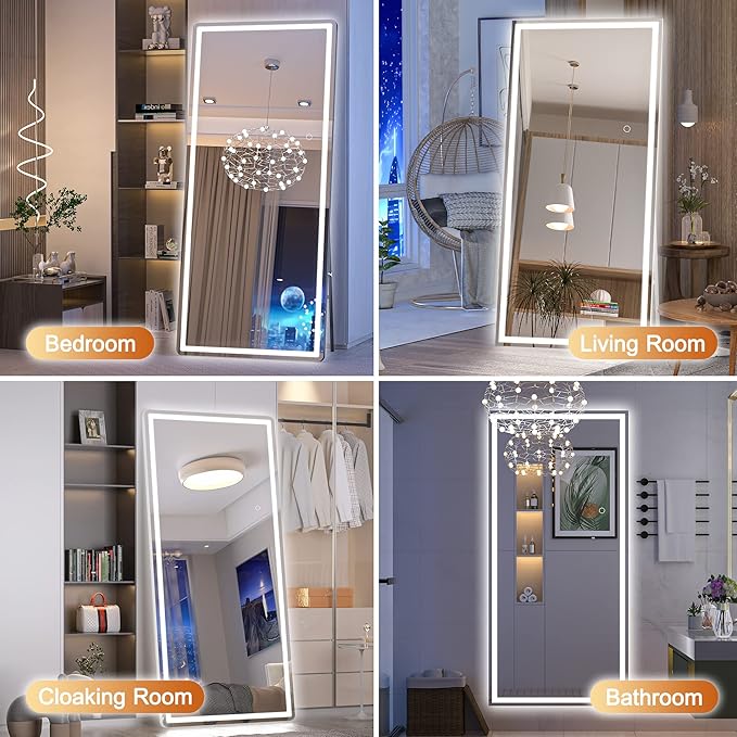 Hasipu Full Length Mirror with Lights, 81" x 34" LED Lighted Floor Standing, Full Body Dressing Hanging Mounted Mirror, Tempered Glass, Square White