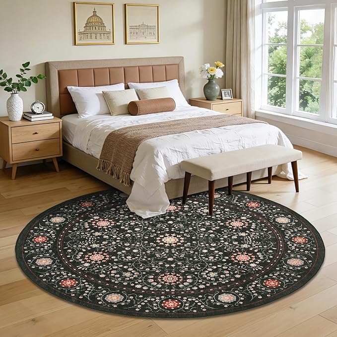 GarveeHome Boho Round Rugs 6ft for Living Room Non Slip, Vintage Botanical Circle Rug Washable Area Rug for Dining Room Stain Resistant, Low Pile Soft Black Circular Carpet for Nursery Kitchen