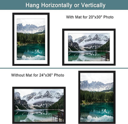 iRahmen 24x36 Poster Frame Set of 2 with Plexiglass, Black Frames Display Picture 20x30 with Mat or 24 x 36 Without Mat, Photo Frames for Gallery Wall Mounting Horizontal and Vertical