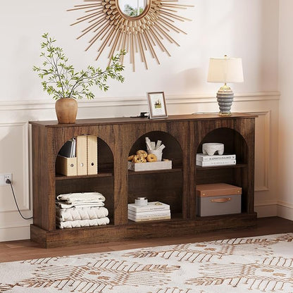 63" Arched TV Stand with Power Outlets, Console Table with Charging Station for Entryway Living Room, 3-Tier Modern Entertainment Center for 65 70 Inch TV, Media Console with Open Shelves, Brown