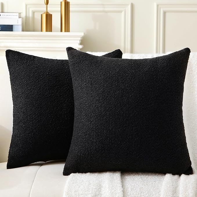 Complete Throw Pillows with Inserts, Set of 2 Decorative Throw Pillow-Boucle-18 x 18"-Square Boho Pillows for Couch, Patio, Bed, Sofa Decor (Black, 18" x 18"(Pack of 2))