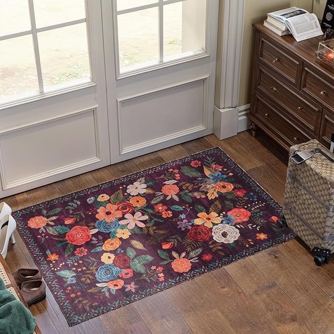 Floral Rug for Entryway, 2x3 Washable Kitchen Mat Ultra-Thin Soft, Non-Slip Indoor Door Carpet Stain Resistant Boho Small Low-Pile Throw for Bathroom Bedroom, Purple