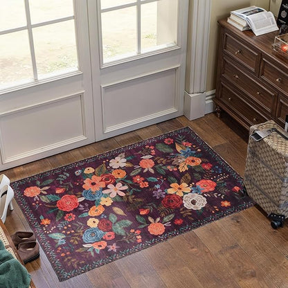 Floral Rug for Entryway, 2x3 Washable Kitchen Mat Ultra-Thin Soft, Non-Slip Indoor Door Carpet Stain Resistant Boho Small Low-Pile Throw for Bathroom Bedroom, Purple