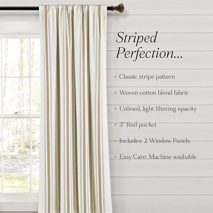 Lush Decor Farmhouse Stripe Yarn Dyed Eco-Friendly Recycled Cotton Window Curtain Panel Pair, 42" W x 95" L, Neutral - Classic Modern Rustic Charm - Eco Friendly Cotton Fabric
