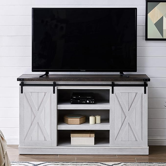 EDYO LIVING Farmhouse TV Stand for 60 Inch TV, Wood TV Stand with Sliding Barn Door, Entertainment Center with Storage Cabinet, Rustic Media Console for Living Room Bedroom, Ash Gray