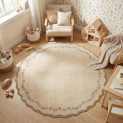 GarveeHome Round Area Rugs 4ft for Kids Room, Solid Jute Scalloped Washable Circle Rug Soft Non Slip Floral Print Floor Mat Tan Carpet Indoor Thin Tent Rug for Bedroom Dining Room Playroom Nursery