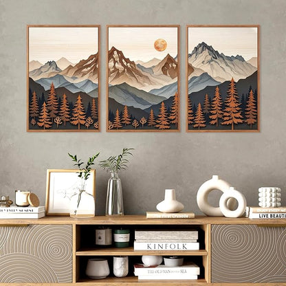 HLNIUC Boho Woodcut Mountain Framed Canvas Wall Art,Large Sun Forest Wall Decor,Orange Mid Century Sunrise Scene Artwork Set of 3 (24x36),Nature Colorado Peaks Prints for Living Room,Bedroom,Office