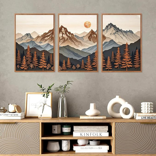 HLNIUC Boho Woodcut Mountain Framed Canvas Wall Art,Large Sun Forest Wall Decor,Orange Mid Century Sunrise Scene Artwork Set of 3 (24x36),Nature Colorado Peaks Prints for Living Room,Bedroom,Office