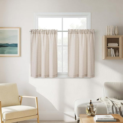 Linen Textured Bathroom Window Curtains 36 Inch Length Short Kitchen Curtain Semi Sheer Farmhouse Boho Curtains 2 Panels Tan Beige Light Coffee for Cafe Bedroom Rod Pocket Drapes W30xL36