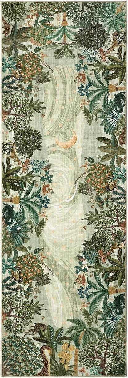 GarveeHome 2.5x8 Jungle Hallway Runner Rug, Soft Green Animal Long Kitchen Runner Non Slip Entryway Rug Farmhouse Thin Laundry Mat Stain Resistant Carpet for Bathroom Beside