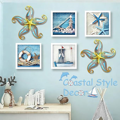 Starfish Outdoor Wall Decor, 12" Hanging Metal & Glass Sculpture for Indoor and Outdoor, Coastal Beach Ocean Gift for Garden Fence Patio(Blue)